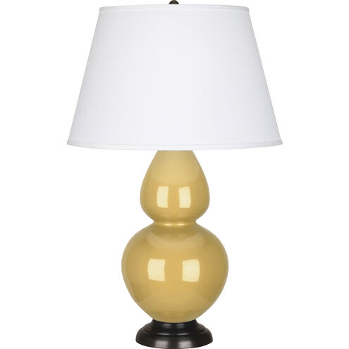 Double Gourd 31 inch 150.00 watt Sunset Yellow Glazed Ceramic with Deep Patina Bronze Table Lamp Portable Light in Pearl Dupioni