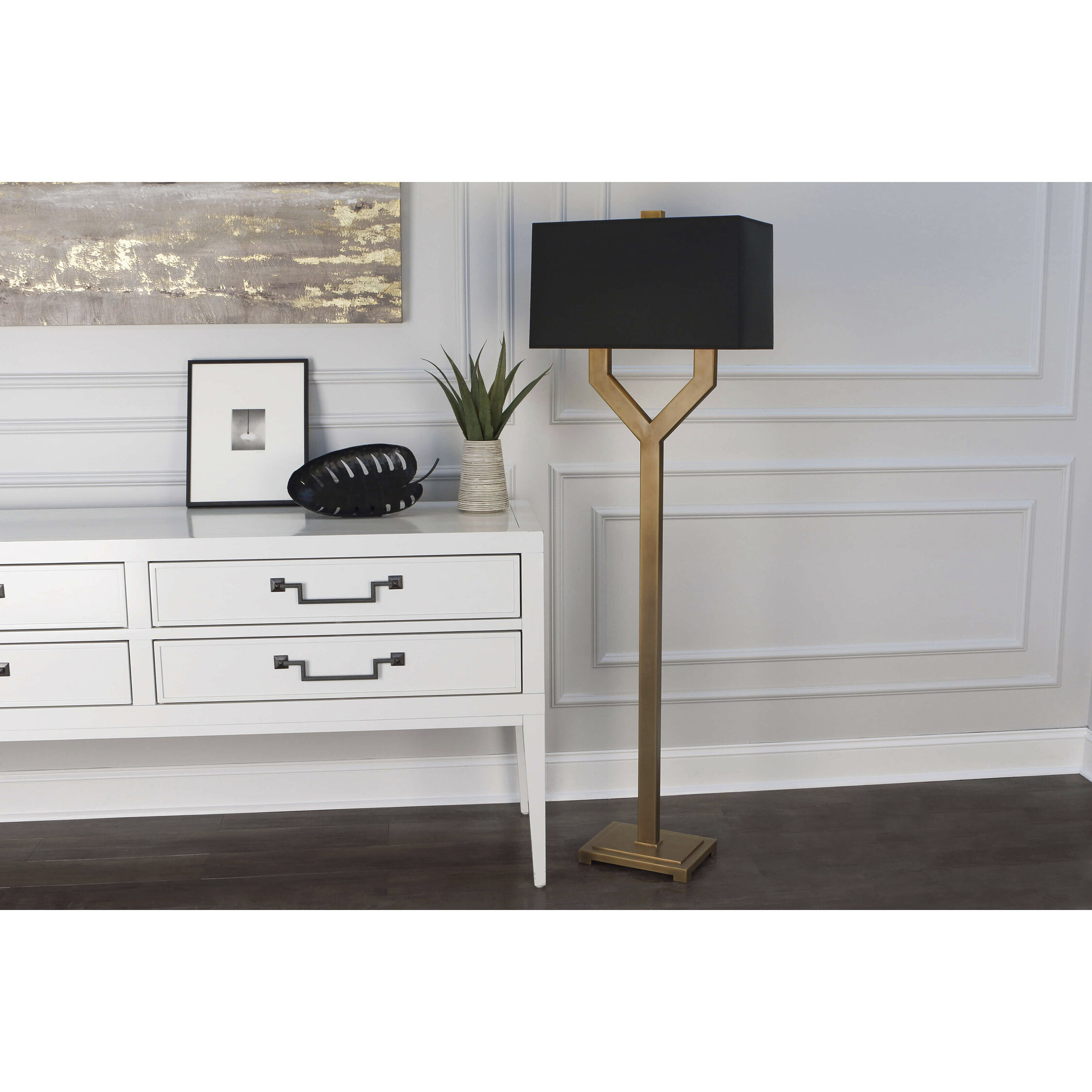 Valerie 63 inch 100.00 watt Vintage Brass Floor Lamp Portable Light in Black With Matte Gold