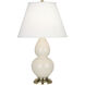 Small Double Gourd 22.75 inch 150.00 watt Bone Glazed Ceramic with Antique Natural Brass Accent Lamp Portable Light in Pearl Dupioni