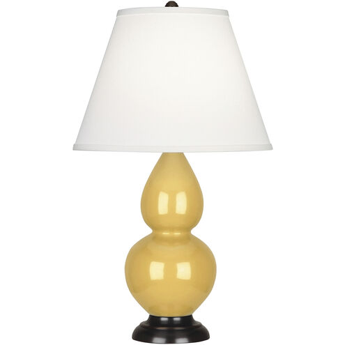 Small Double Gourd 22.75 inch 150.00 watt Sunset Yellow Glazed Ceramic with Deep Patina Bronze Accent Lamp Portable Light in Pearl Dupioni