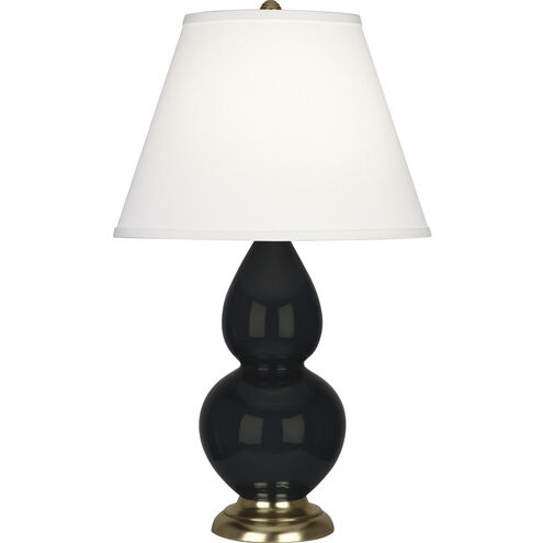Small Double Gourd 22.75 inch 150.00 watt Obsidian Glazed Ceramic with Antique Natural Brass Accent Lamp Portable Light in Pearl Dupioni