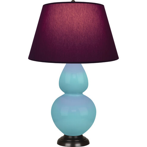 Double Gourd 31 inch 150.00 watt Egg Blue Glazed Ceramic with Deep Patina Bronze Table Lamp Portable Light in Plum with Lavender