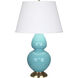 Double Gourd 31 inch 150 watt Egg Blue Glazed Ceramic with Antique Natural Brass Table Lamp Portable Light in Pearl Dupioni