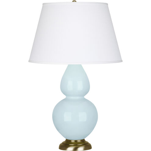 Double Gourd 31 inch 150.00 watt Baby Blue Glazed Ceramic with Antique Natural Brass Table Lamp Portable Light in Pearl Dupioni