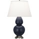 Double Gourd 31 inch 150.00 watt Matte Midnight Blue Glazed Ceramic with Antique Silver Table Lamp Portable Light in Pearl Dupioni