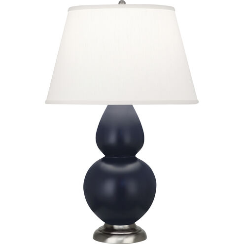 Double Gourd 31 inch 150.00 watt Matte Midnight Blue Glazed Ceramic with Antique Silver Table Lamp Portable Light in Pearl Dupioni