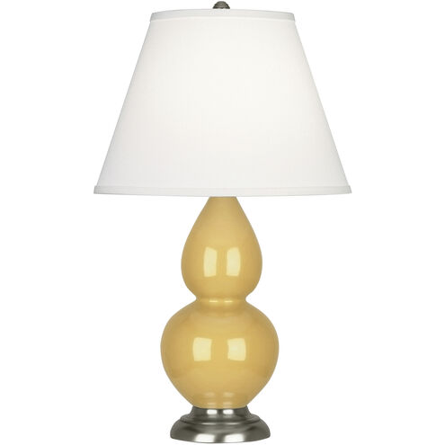 Small Double Gourd 22.75 inch 150.00 watt Sunset Yellow Glazed Ceramic with Antique Silver Accent Lamp Portable Light in Pearl Dupioni