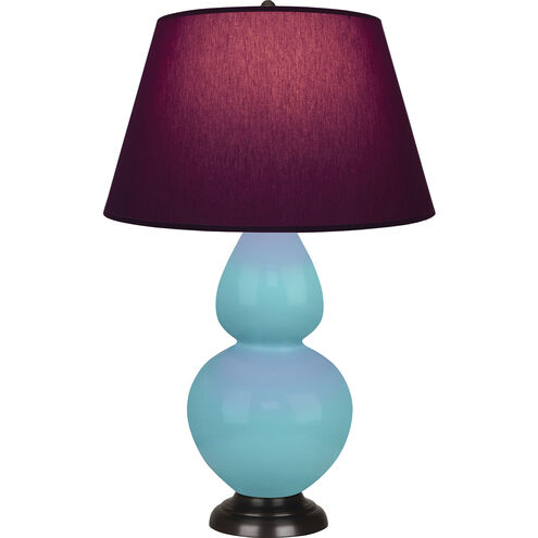 Double Gourd 31 inch 150.00 watt Egg Blue Glazed Ceramic with Deep Patina Bronze Table Lamp Portable Light in Plum with Lavender