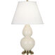 Small Double Gourd 22.75 inch 150.00 watt Bone Glazed Ceramic with Antique Natural Brass Accent Lamp Portable Light in Pearl Dupioni