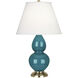 Small Double Gourd 22.75 inch 150 watt Peacock Glazed Ceramic with Antique Natural Brass Accent Lamp Portable Light in Pearl Dupioni