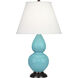 Small Double Gourd 22.75 inch 150.00 watt Egg Blue Glazed Ceramic with Deep Patina Bronze Accent Lamp Portable Light in Pearl Dupioni