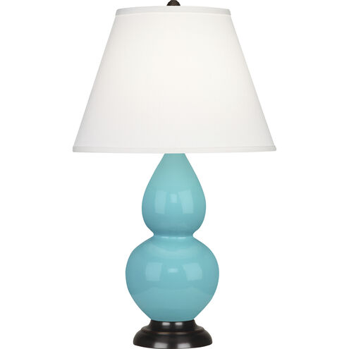 Small Double Gourd 22.75 inch 150.00 watt Egg Blue Glazed Ceramic with Deep Patina Bronze Accent Lamp Portable Light in Pearl Dupioni