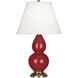 Small Double Gourd 22.75 inch 150 watt Ruby Red Glazed Ceramic with Antique Brass Accent Lamp Portable Light in Pearl Dupioni